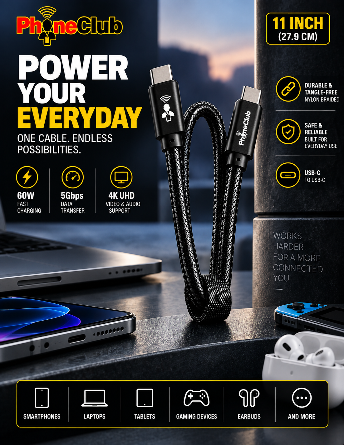 PHONE CLUB 27.94CM (11”) USB-C to USB-C 3.1 Gen2 Cable