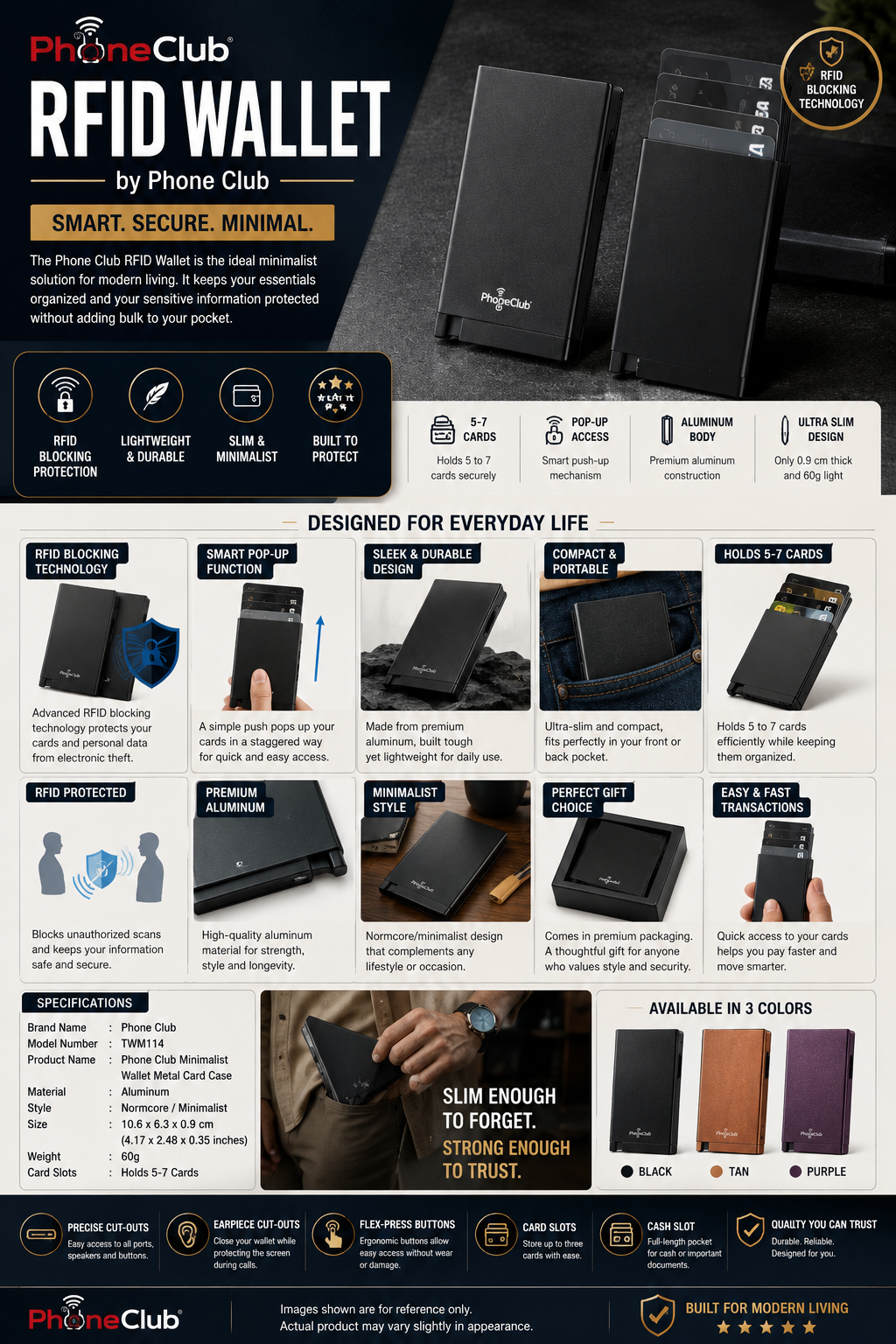 Phone Club RFID Wallet - Smart Minimalist Pop-Up Card Holder