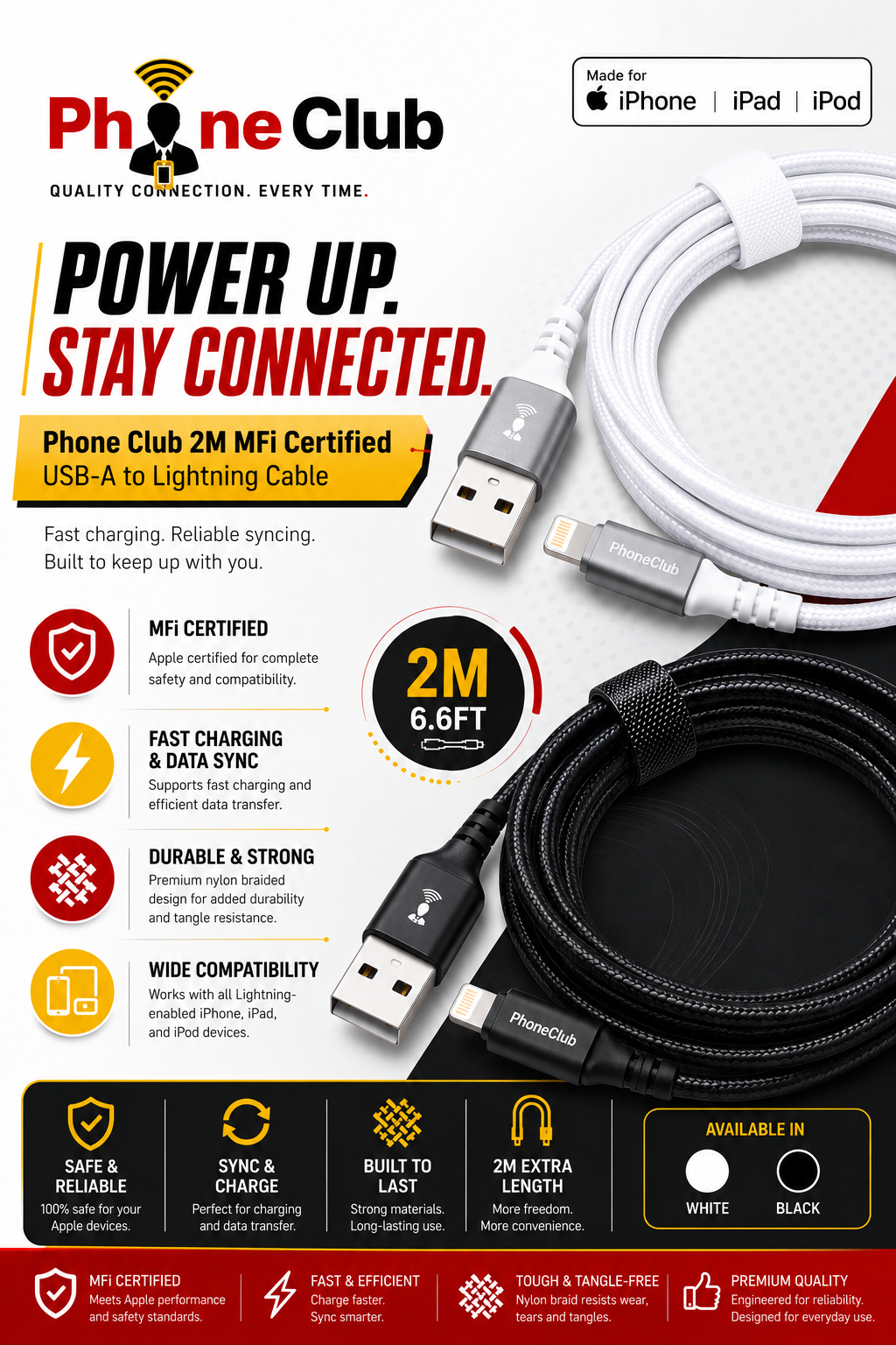 Phone Club 2M MFi Certified USB Cable (USB-A to Lightning)