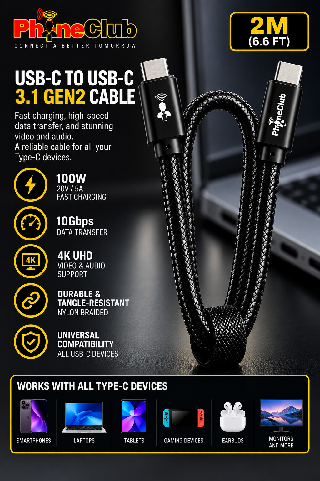 PHONE CLUB 2M (6.6ft) USB-C to USB-C 3.1 Gen2 Cable