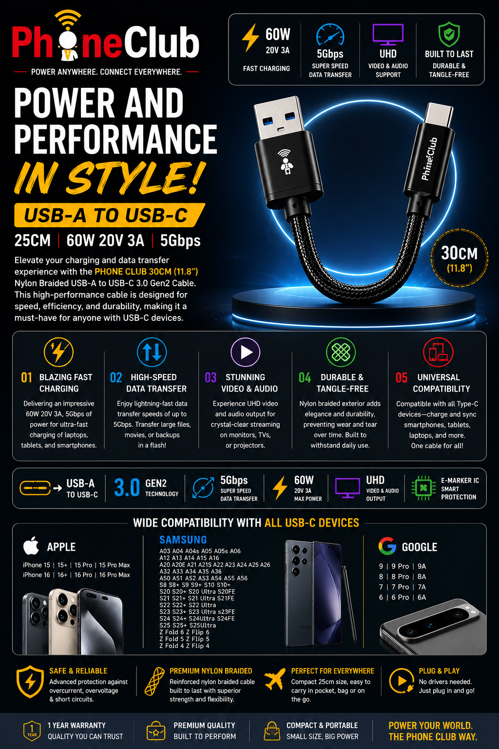 PHONE CLUB 30CM (11.8”) USB-A to USB-C 3.1 Gen2 Cable