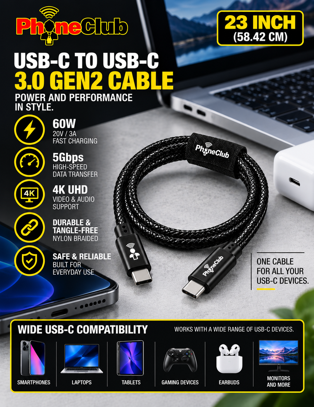 PHONE CLUB 58.42CM (23”) USB-C to USB-C 3.1 Gen2 Cable