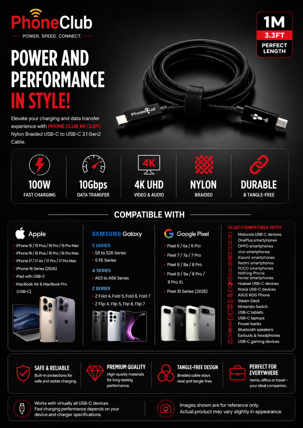 PHONE CLUB 1M (3.3ft) USB-C to USB-C 3.1 Gen2 Cable