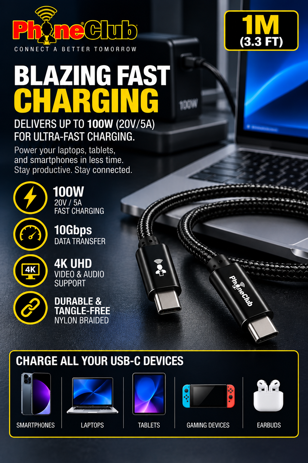 PHONE CLUB 1M (3.3ft) USB-C to USB-C 3.1 Gen2 Cable