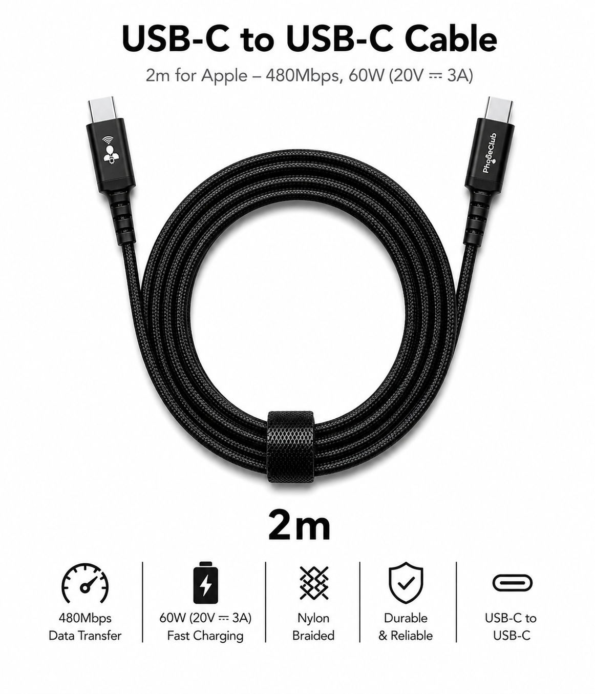PHONE CLUB 2M (6.6ft) USB-C to USB-C 3.1 Gen2 Cable