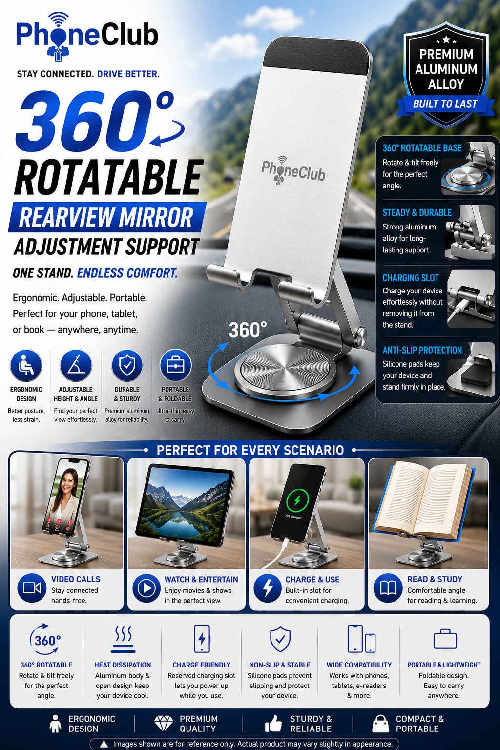 PHONE CLUB 360 Degree Rotatable Rearview Mirror Adjustment Support