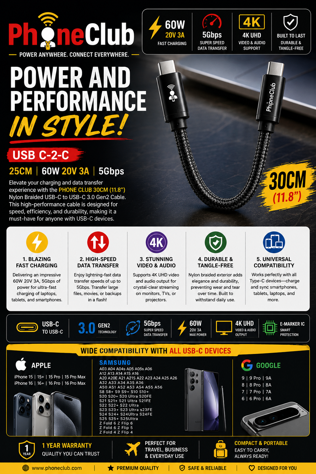 PHONE CLUB 30CM (11.8”) USB-C to USB-C 3.1 Gen2 Cable
