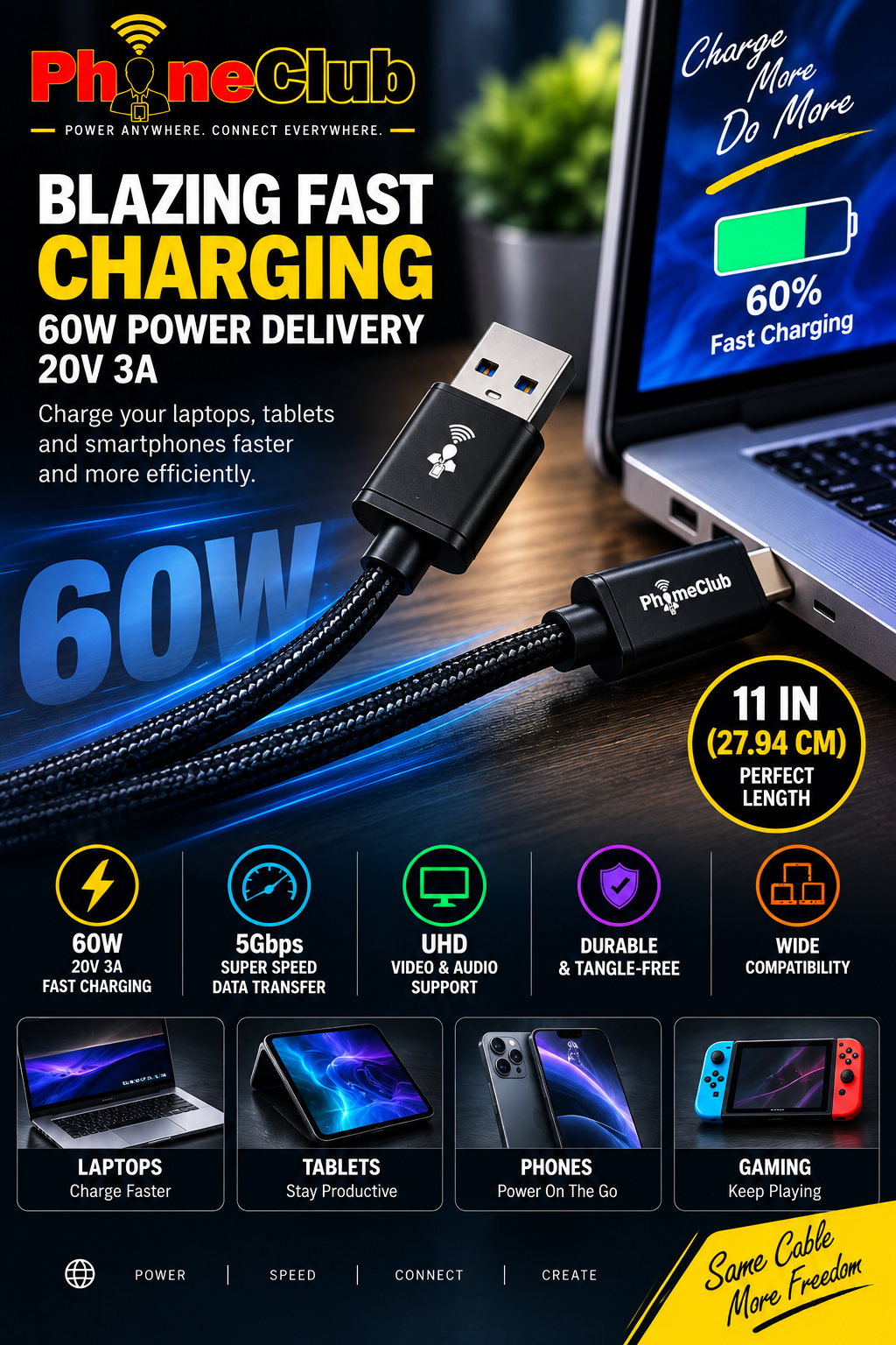PHONE CLUB 27.94CM (11”) USB-A to USB-C 3.1 Gen2 Cable