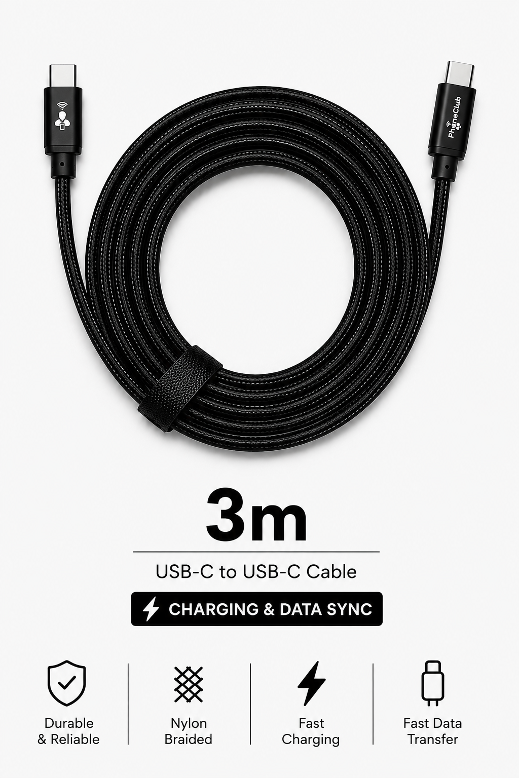 PHONE CLUB 3M Nylon Braided USB-C to USB-C 3.1 Gen2 Cable