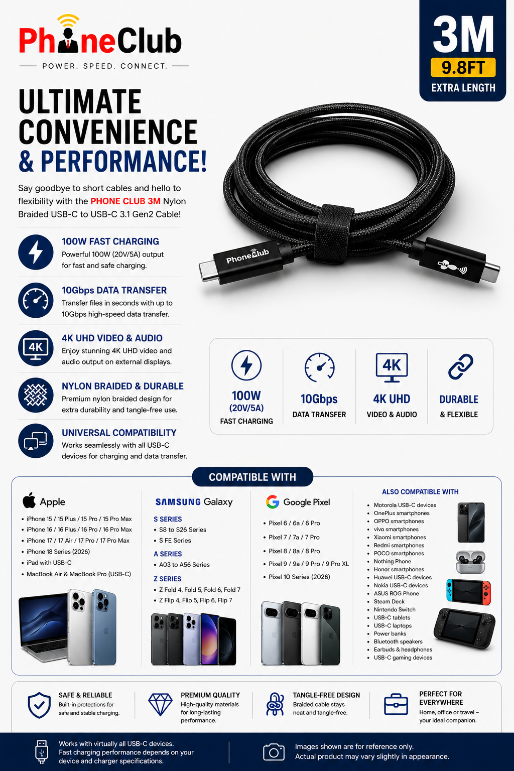 PHONE CLUB 3M Nylon Braided USB-C to USB-C 3.1 Gen2 Cable