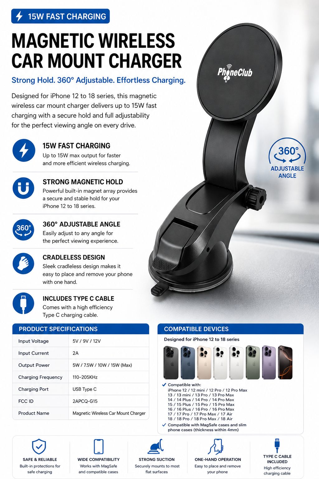 Phone Club 15W Fast Wireless Charger Car Phone Holder