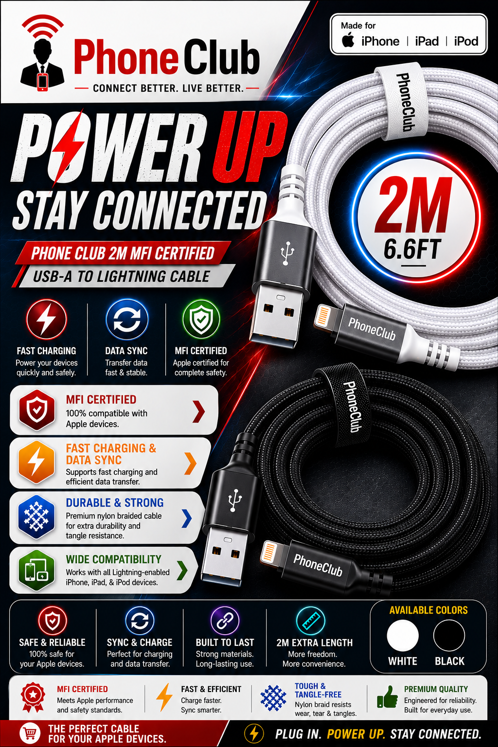 Phone Club 2M MFi Certified USB Cable (USB-A to Lightning)