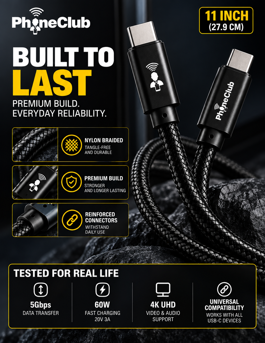 PHONE CLUB 27.94CM (11”) USB-C to USB-C 3.1 Gen2 Cable