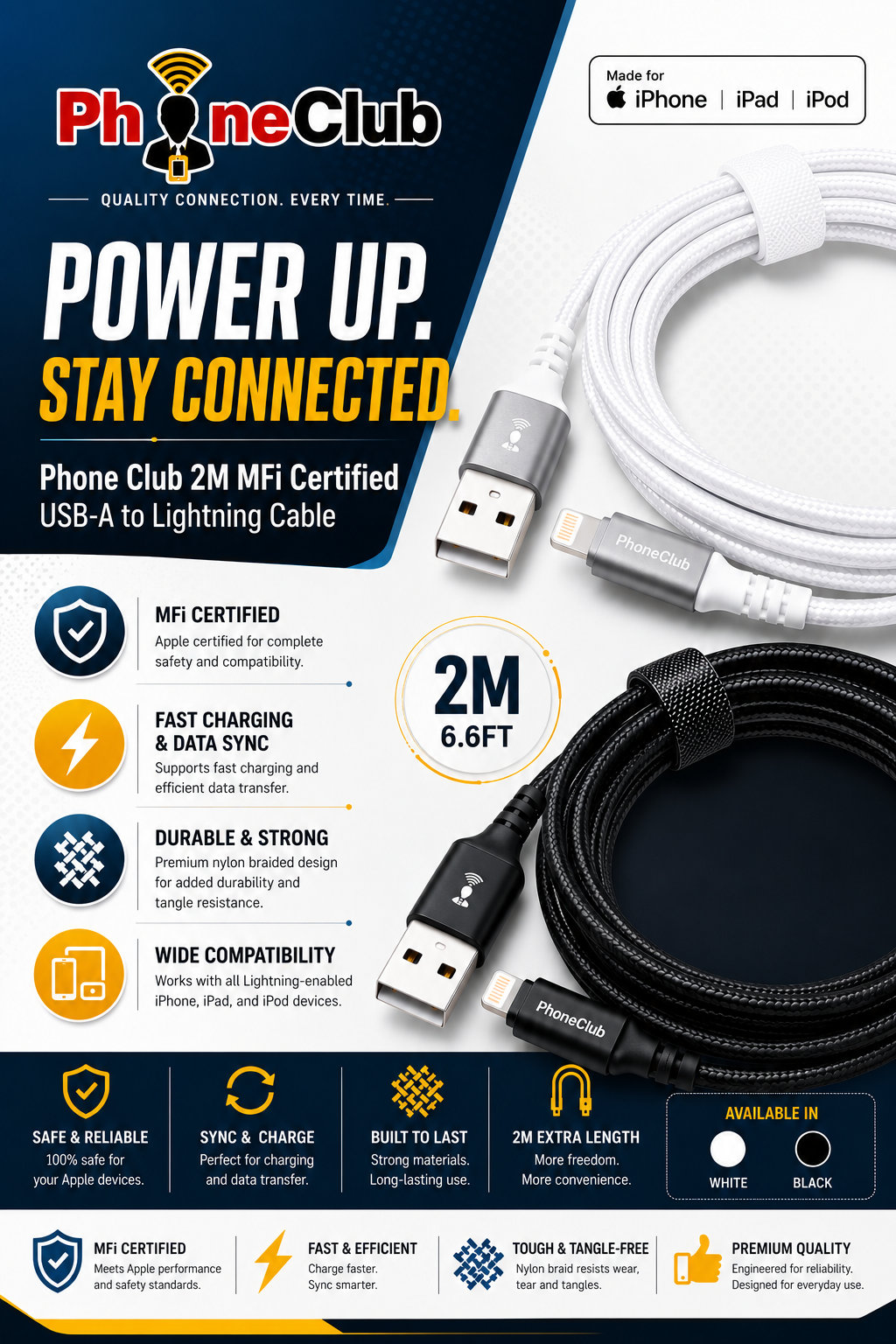 Phone Club 2M MFi Certified USB Cable (USB-A to Lightning)