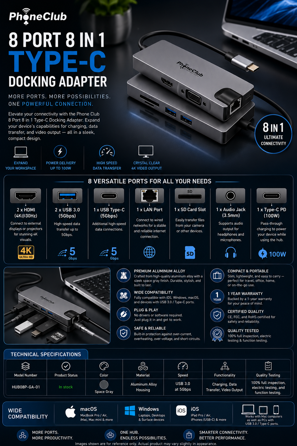Phone Club 8 Port 8 in 1 Type-C Docking Adapter