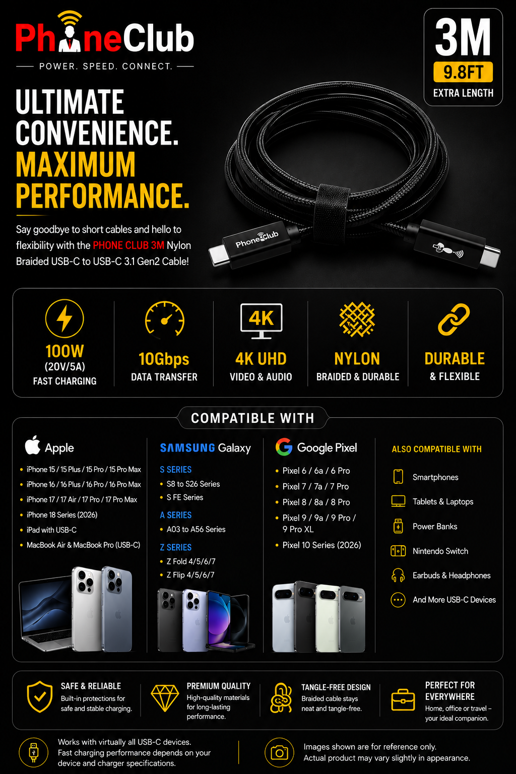 PHONE CLUB 3M Nylon Braided USB-C to USB-C 3.1 Gen2 Cable