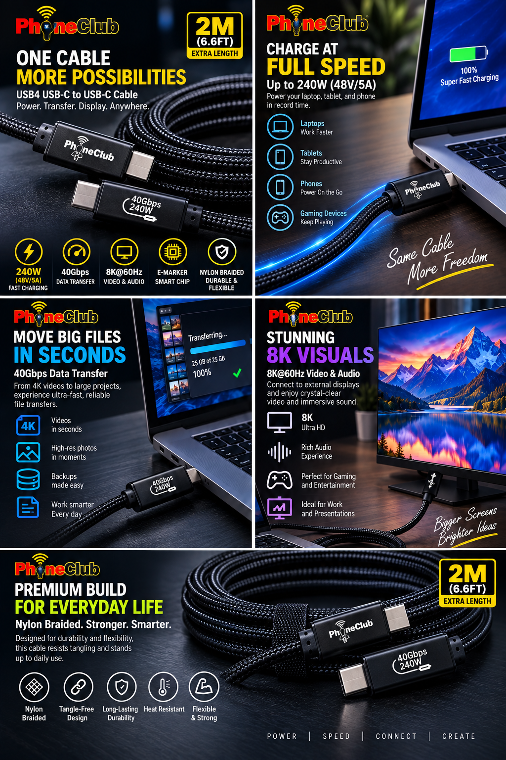 PHONE CLUB 2M (6.6ft) 240W USB-C to USB-C Usb4 Data Cable
