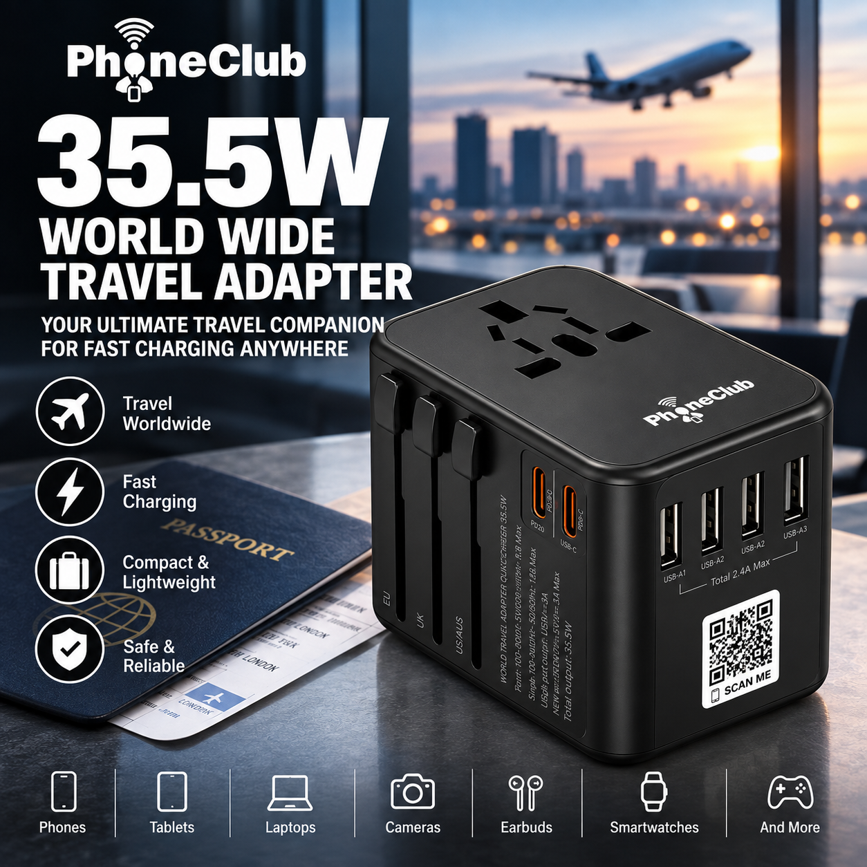Phone Club 35.5W World Wide Travel Adapter