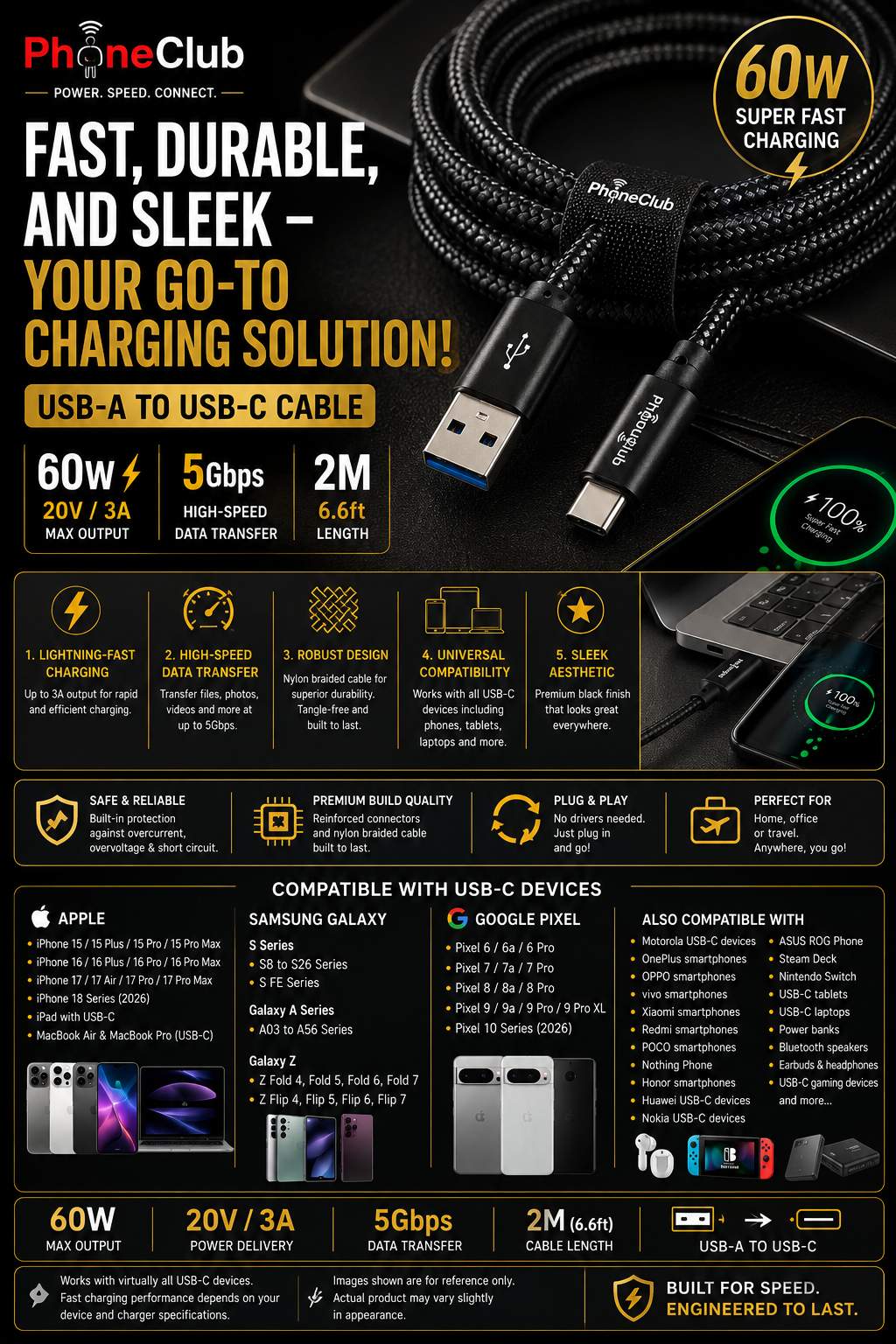 PHONE CLUB 2M (6.6ft) Nylon Braided USB-A to USB-C Cable