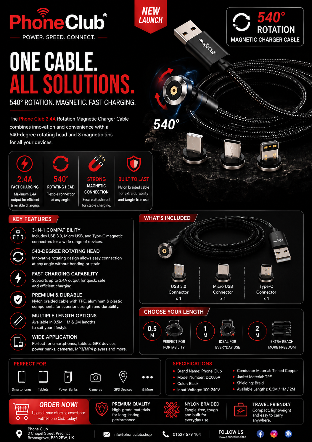 Phone Club 540-Degree Rotation 3-in-1 Magnetic Charger Cable!