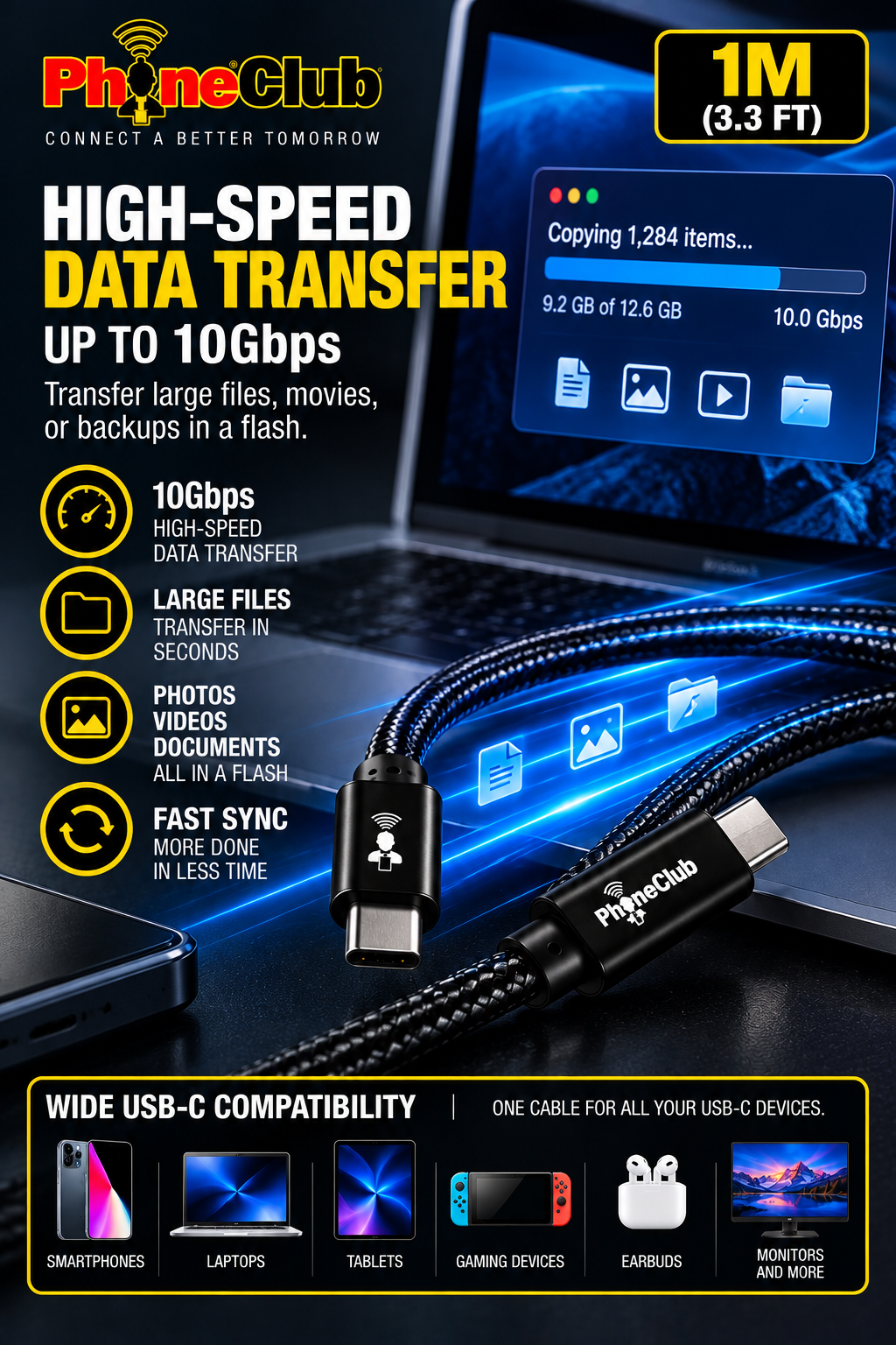 PHONE CLUB 1M (3.3ft) USB-C to USB-C 3.1 Gen2 Cable