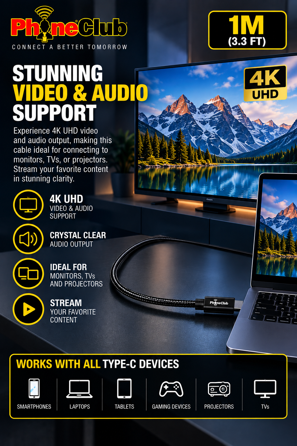 PHONE CLUB 1M (3.3ft) USB-C to USB-C 3.1 Gen2 Cable