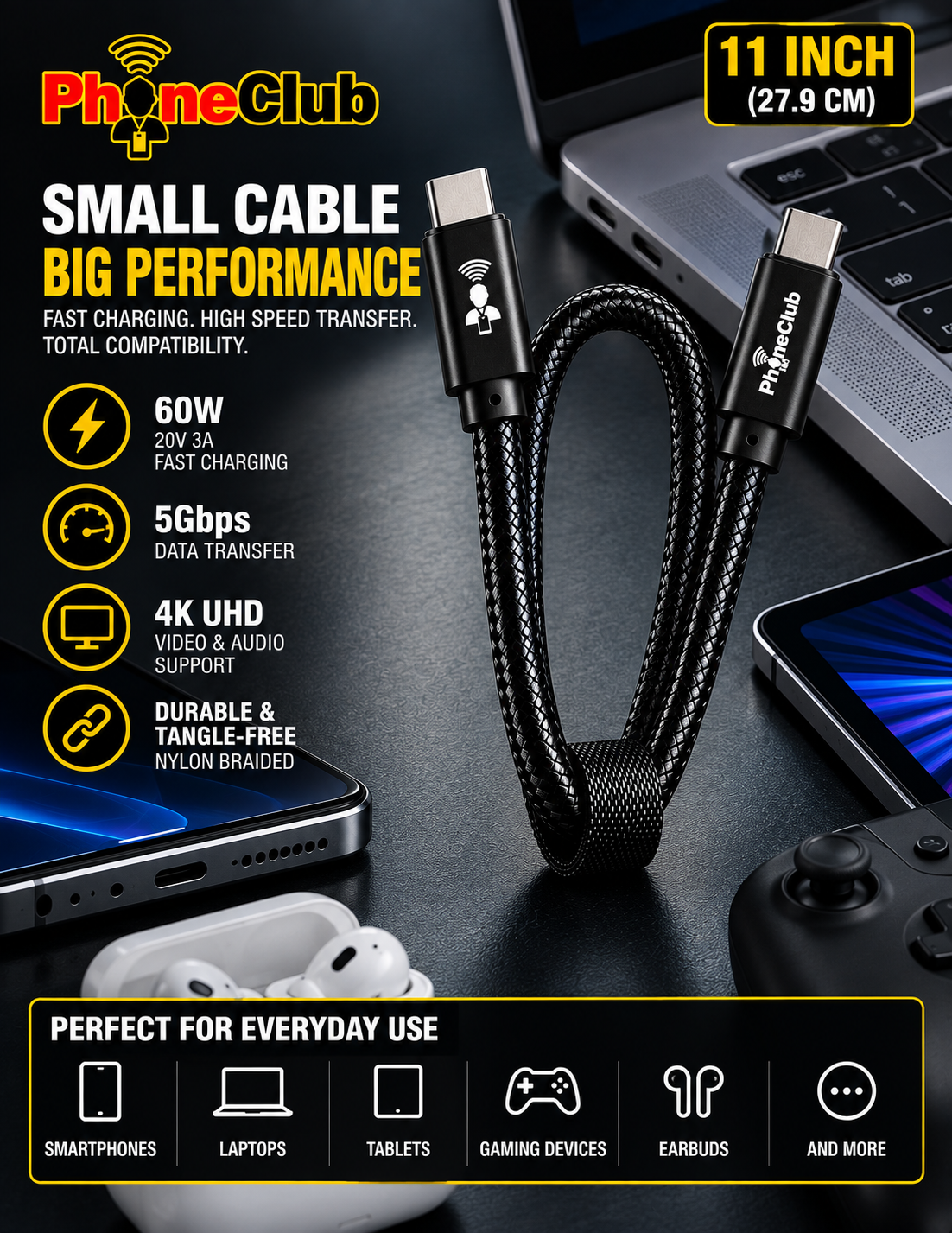 PHONE CLUB 27.94CM (11”) USB-C to USB-C 3.1 Gen2 Cable