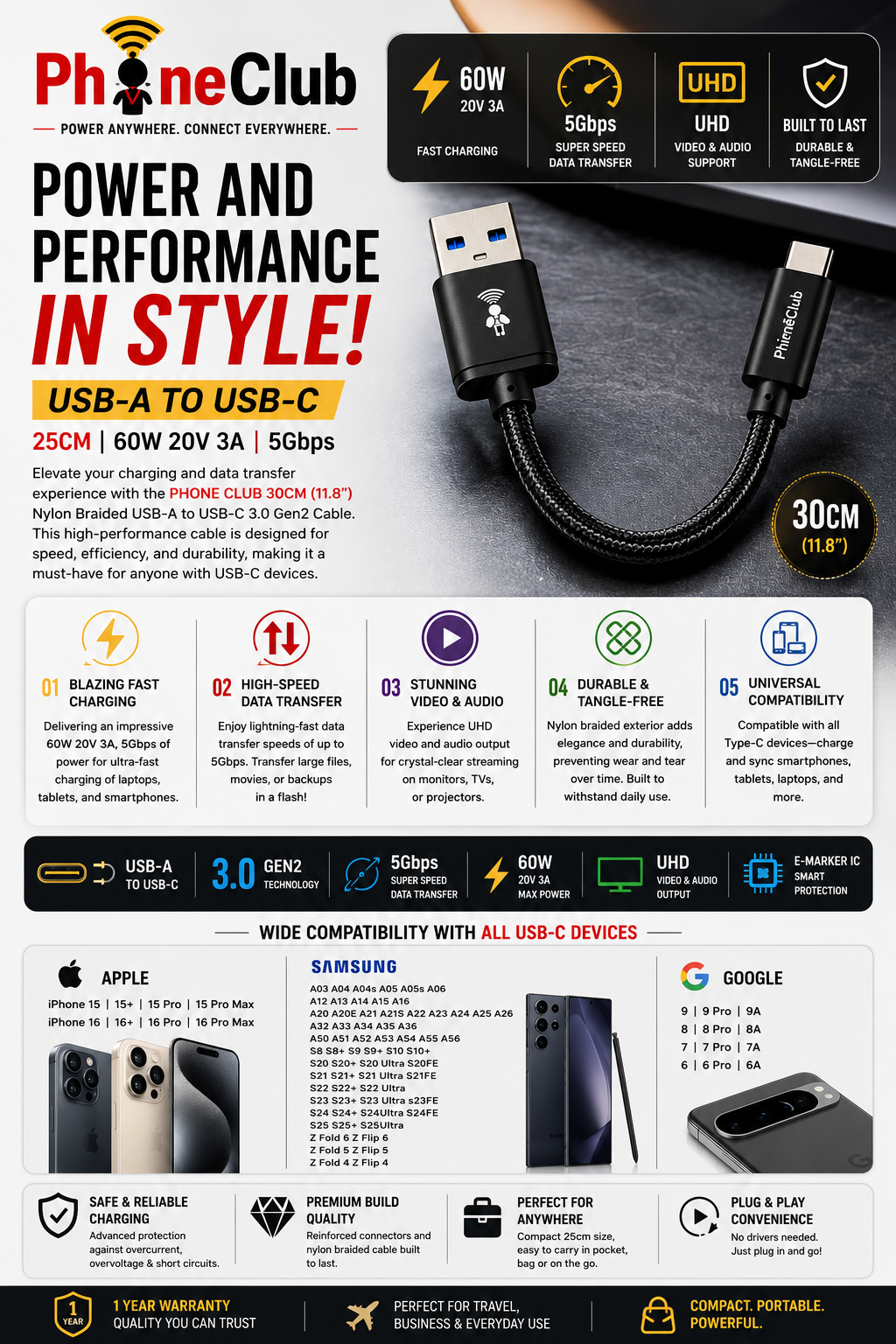 PHONE CLUB 30CM (11.8”) USB-A to USB-C 3.1 Gen2 Cable