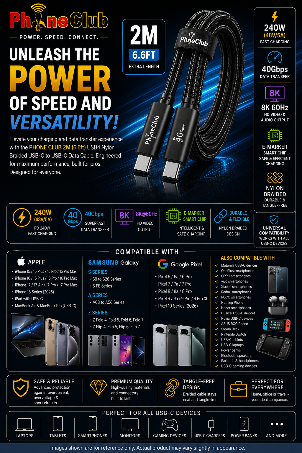 PHONE CLUB 2M (6.6ft) USB-C to USB-C Usb4 Data Cable