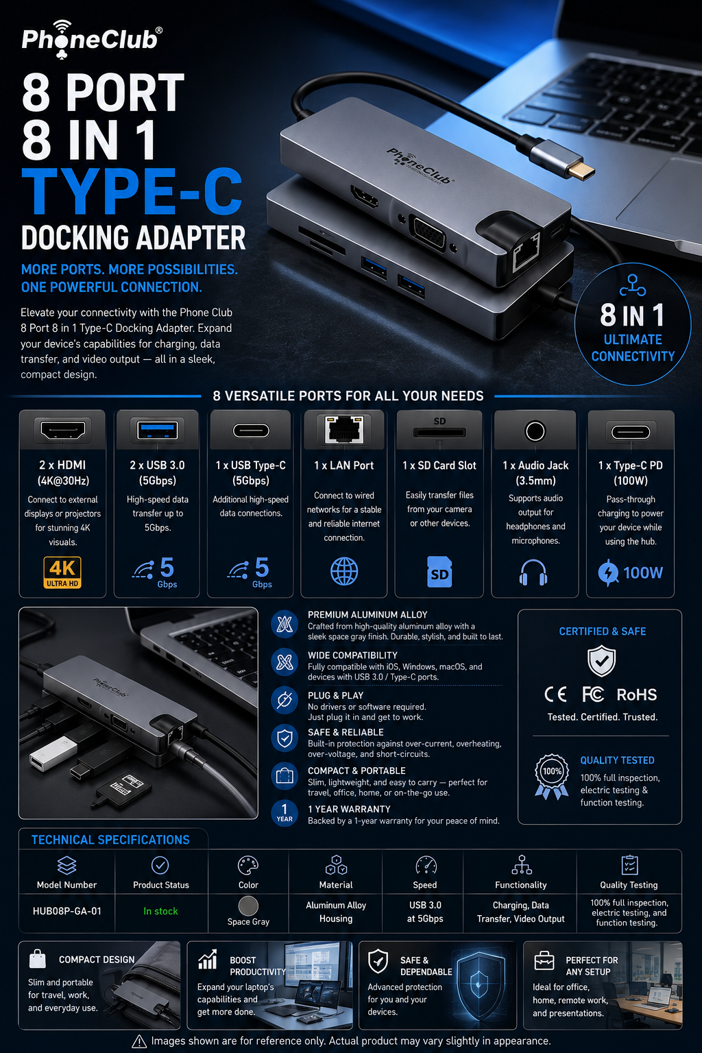 Phone Club 8 Port 8 in 1 Type-C Docking Adapter