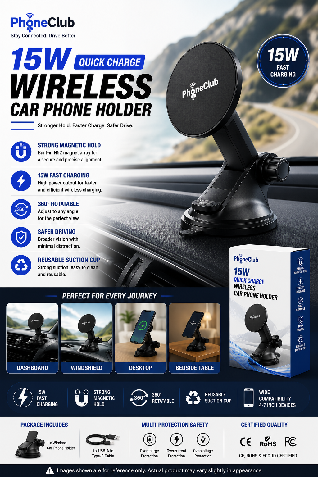 Phone Club 15W Fast Wireless Charger Car Phone Holder
