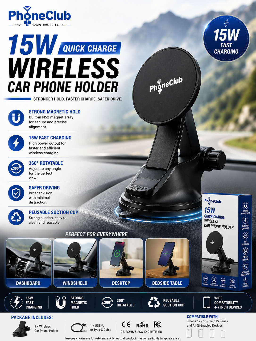 Phone Club 15W Fast Wireless Charger Car Phone Holder