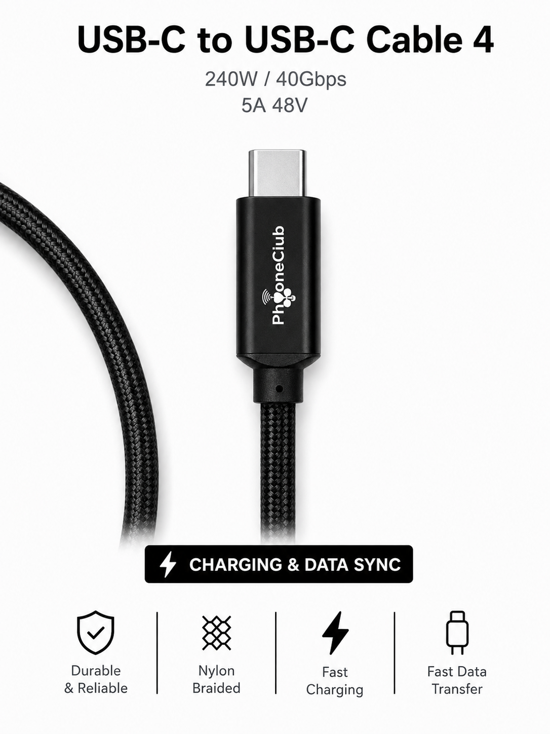 PHONE CLUB 2M (6.6ft) 240W USB-C to USB-C Usb4 Data Cable