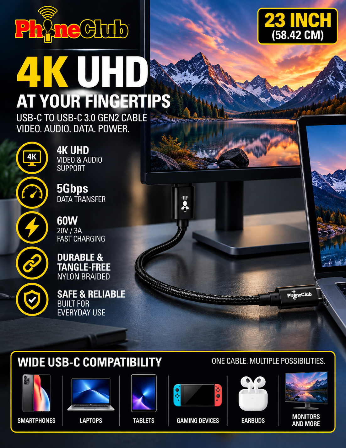 PHONE CLUB 58.42CM (23”) USB-C to USB-C 3.1 Gen2 Cable