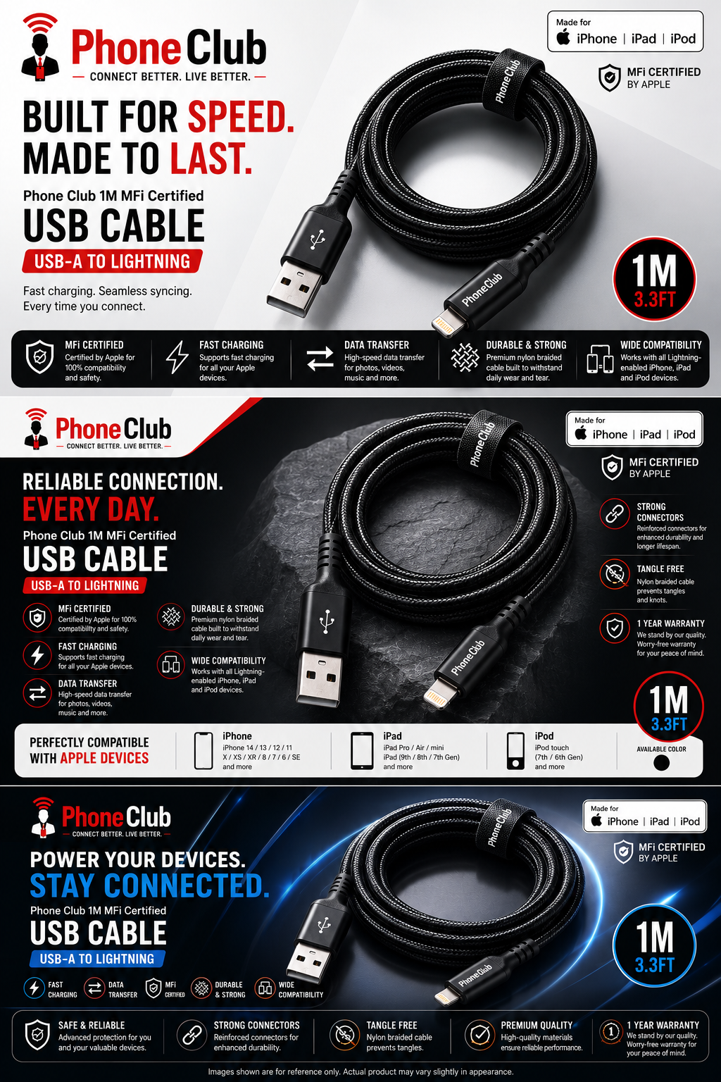 Phone Club 1M MFi Certified USB Cable (USB-A to Lightning)