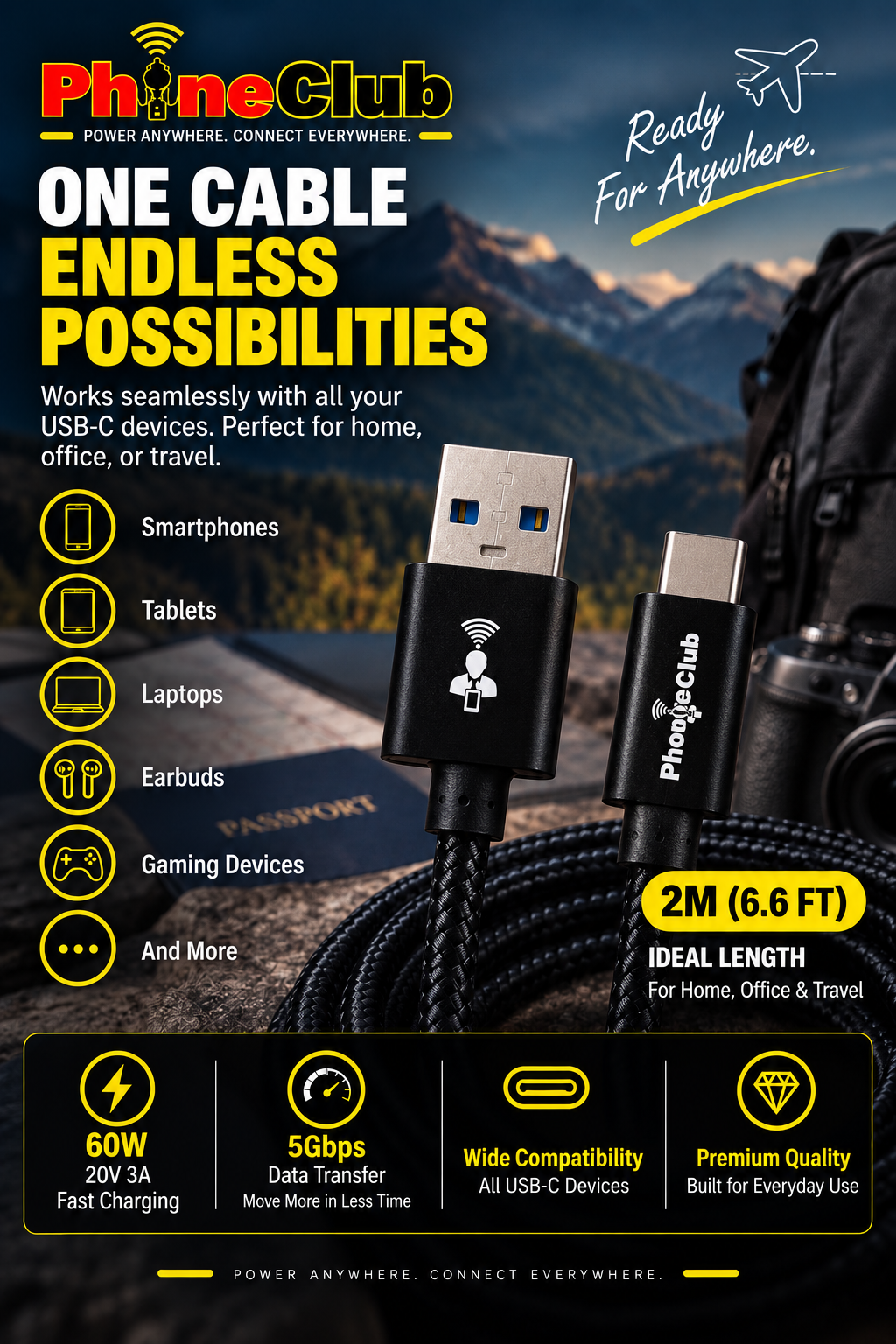 PHONE CLUB 2M (6.6ft) Nylon Braided USB-A to USB-C Cable