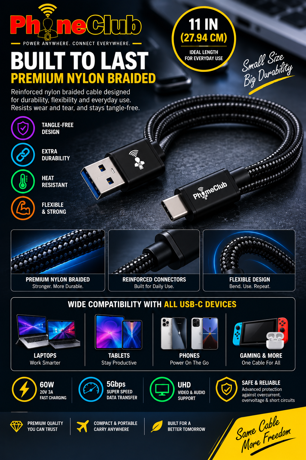 PHONE CLUB 27.94CM (11”) USB-A to USB-C 3.1 Gen2 Cable