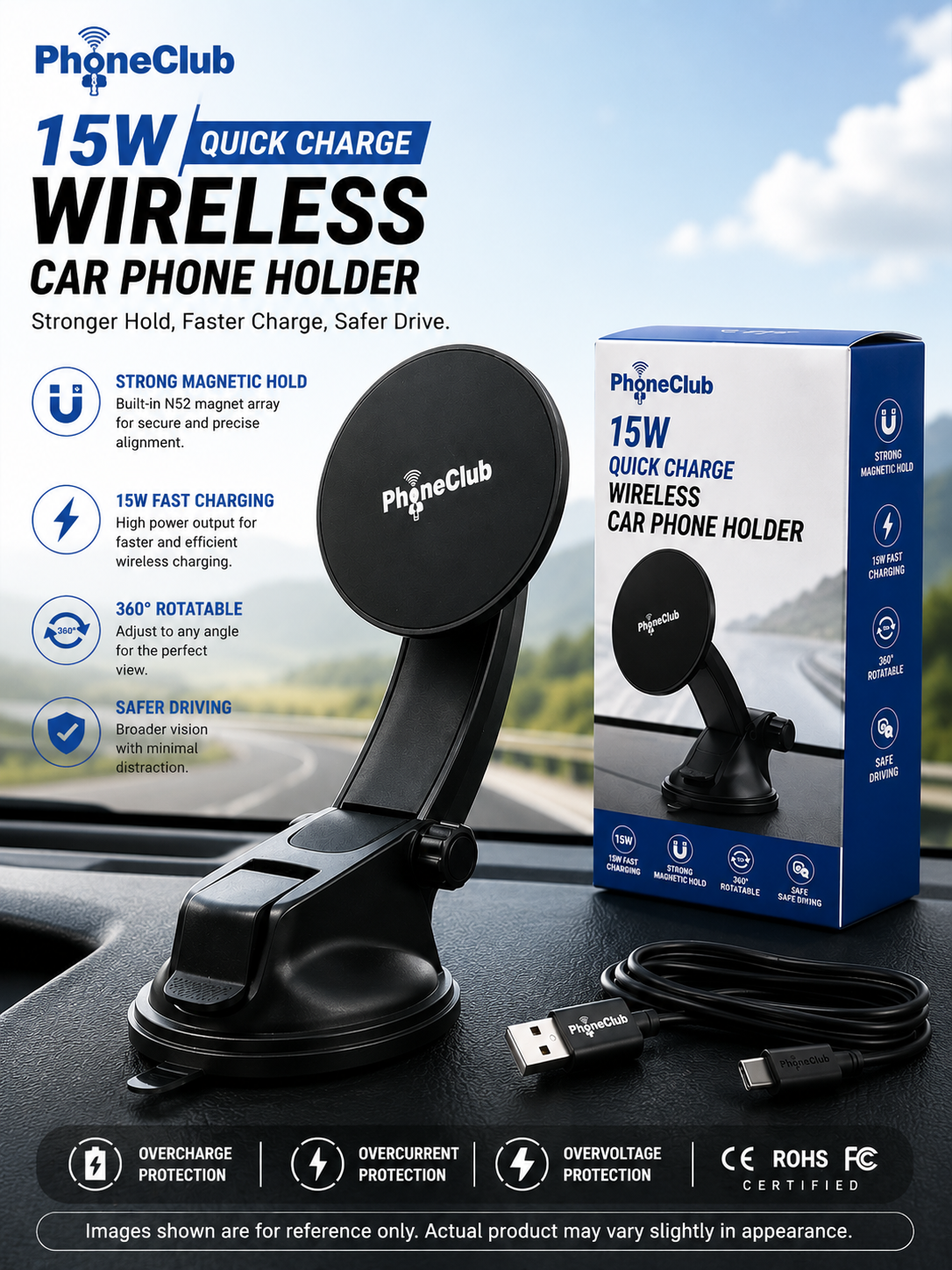 Phone Club 15W Fast Wireless Charger Car Phone Holder