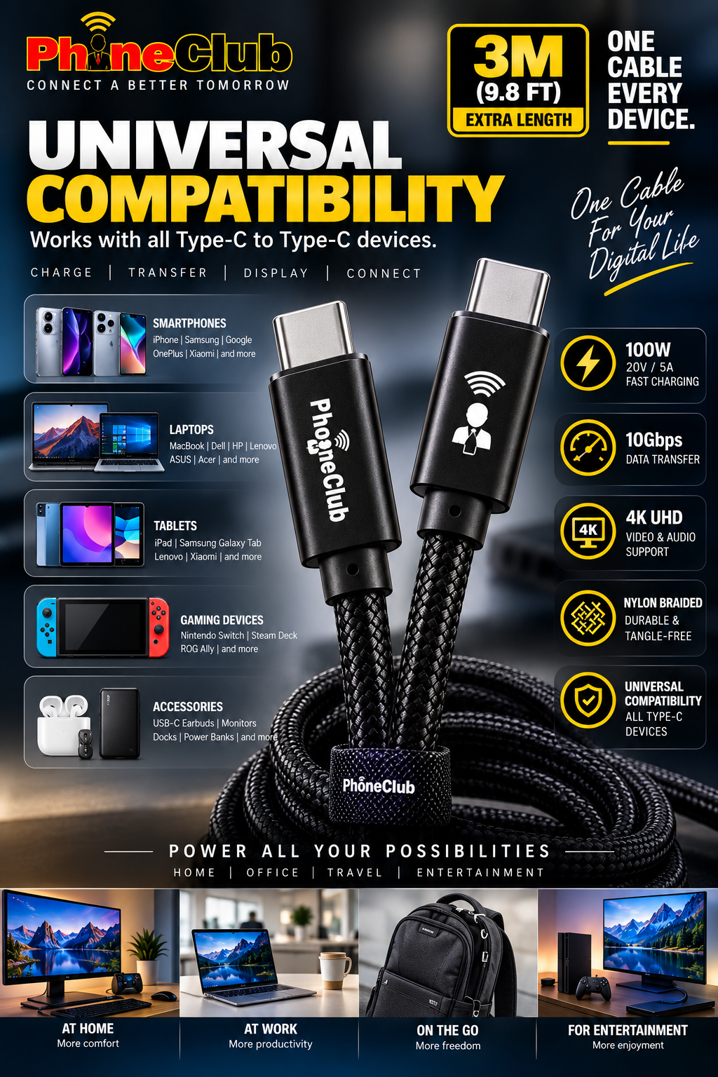 PHONE CLUB 3M Nylon Braided USB-C to USB-C 3.1 Gen2 Cable