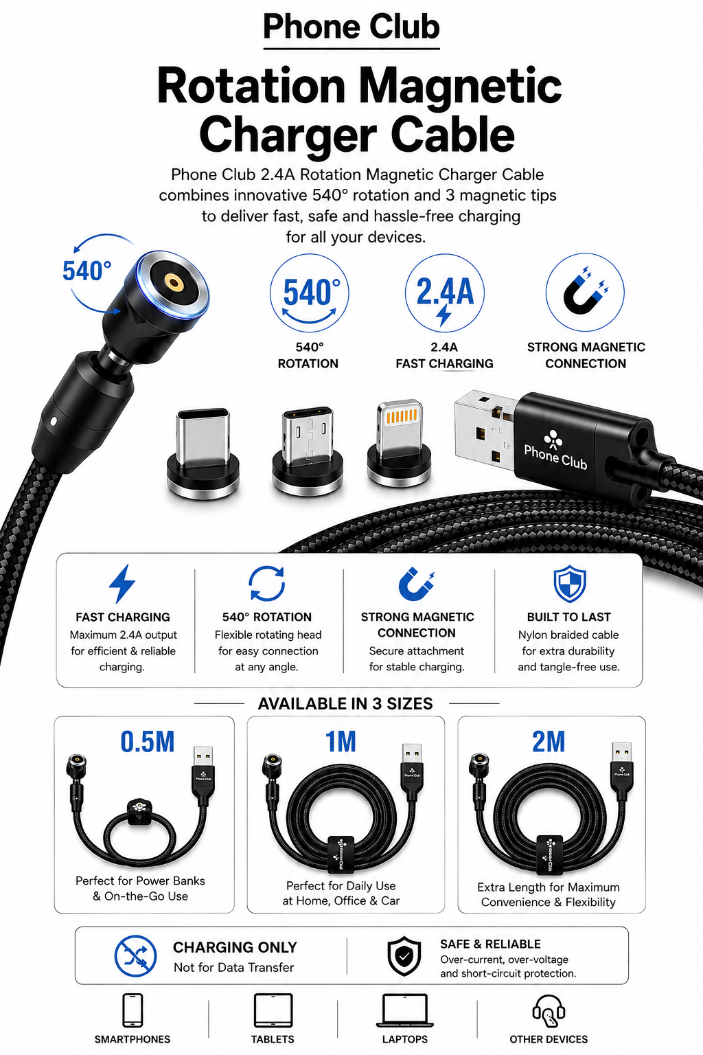 Phone Club 540-Degree Rotation 3-in-1 Magnetic Charger Cable!