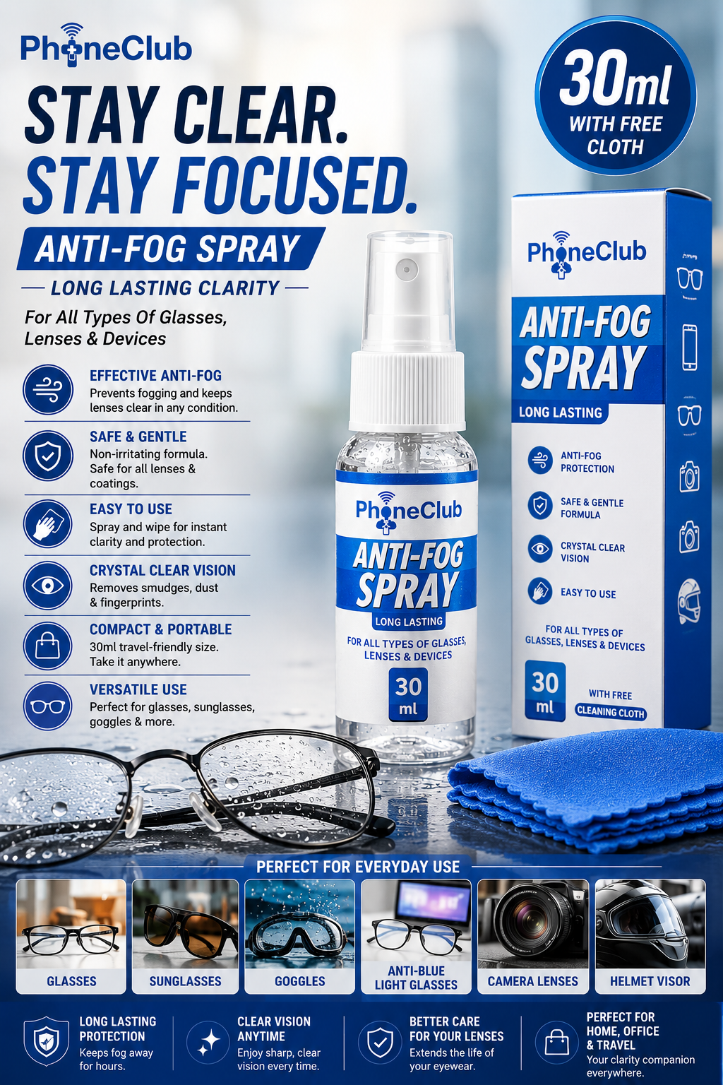 Phone Club 30ml Eyeglasses Anti-Fog Cleaning Spray