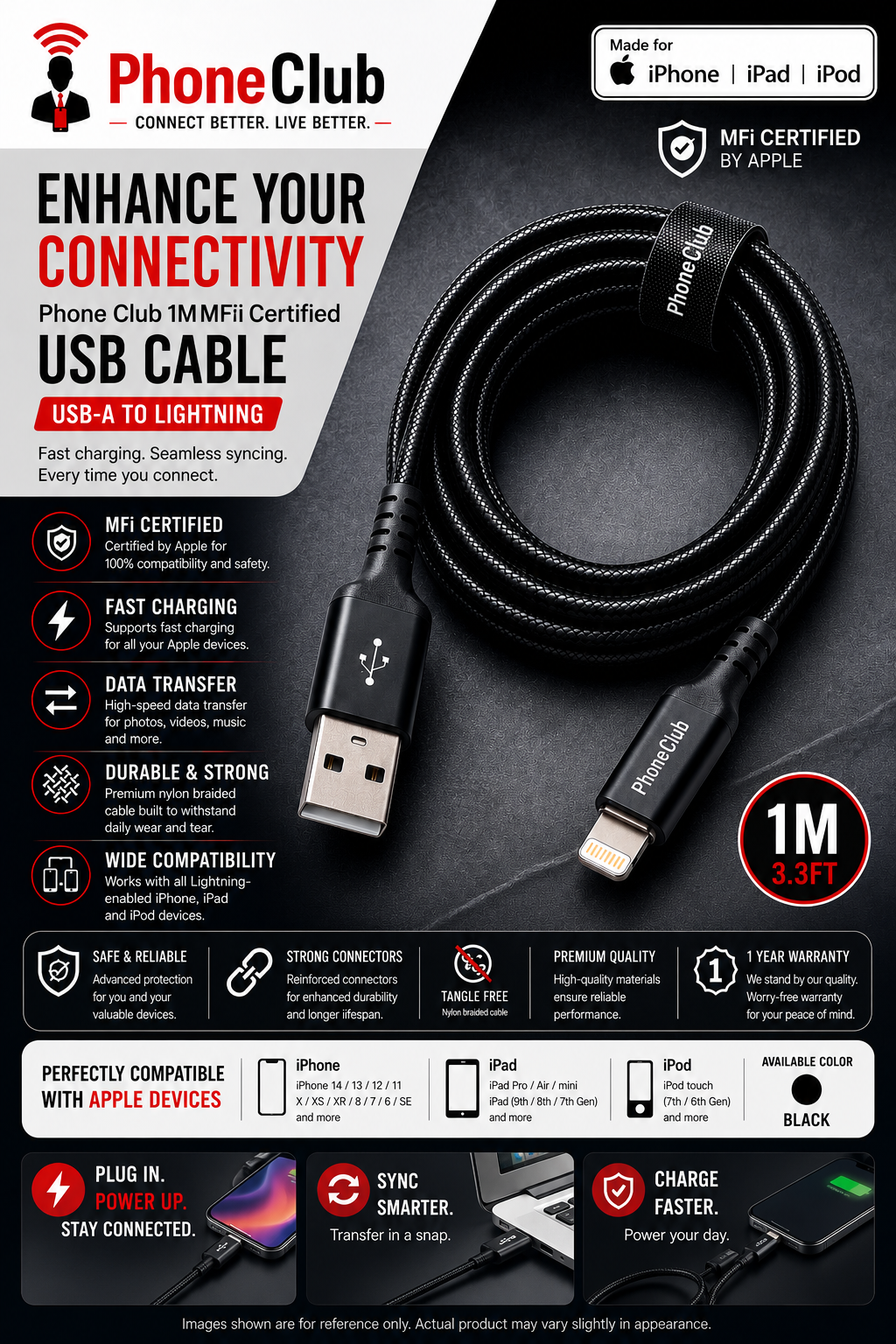Phone Club 1M MFi Certified USB Cable (USB-A to Lightning)