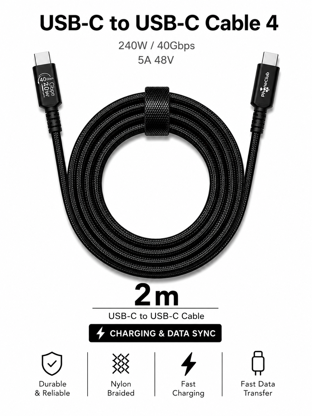 PHONE CLUB 2M (6.6ft) 240W USB-C to USB-C Usb4 Data Cable