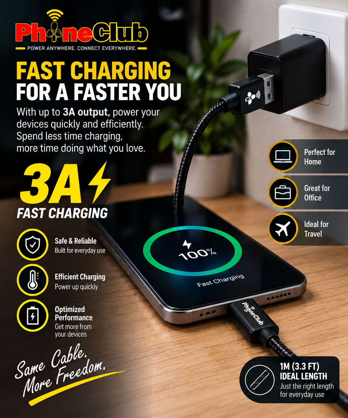 PHONE CLUB 1M (3.3ft) Nylon Braided USB-A to USB-C Cable