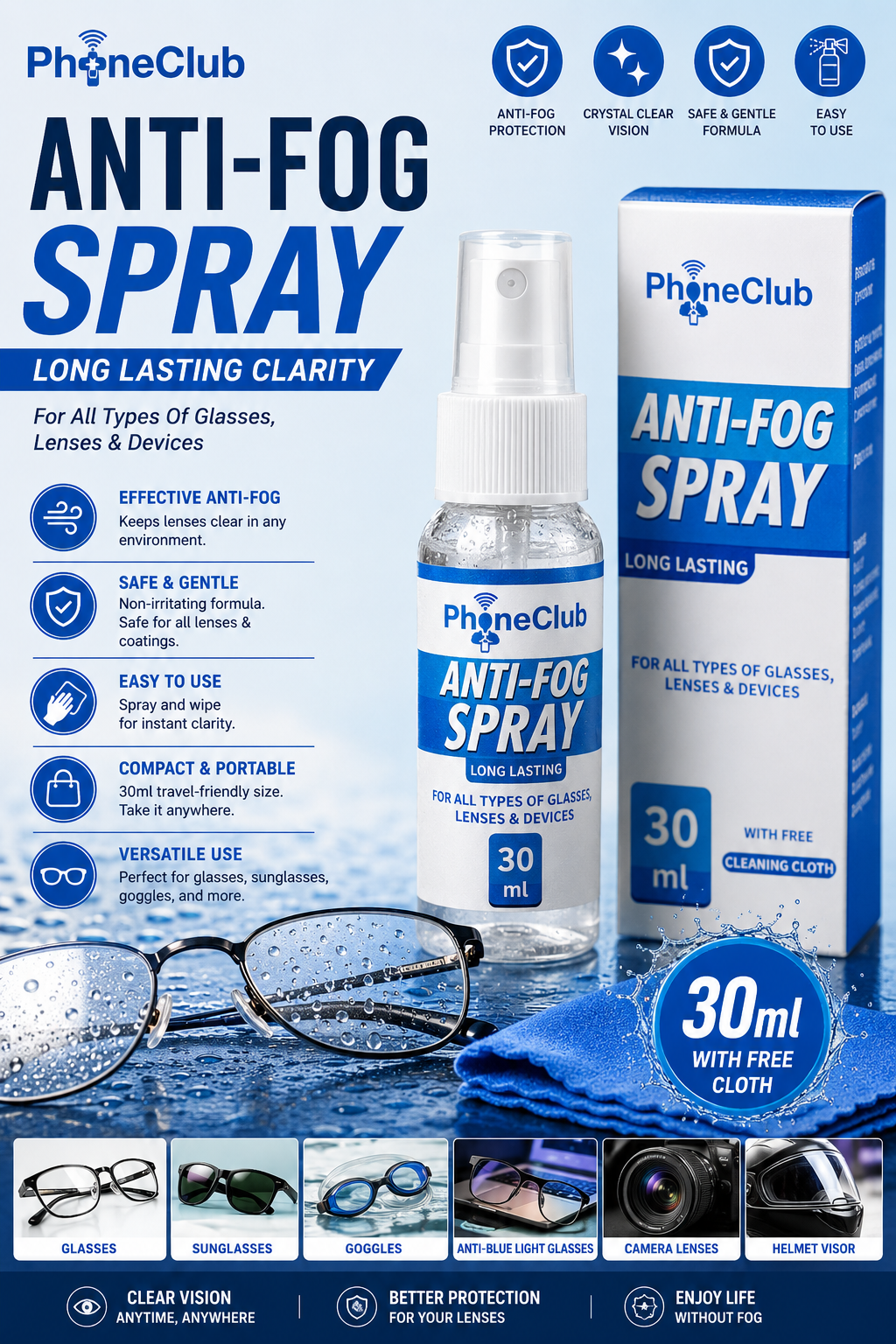 Phone Club 30ml Eyeglasses Anti-Fog Cleaning Spray