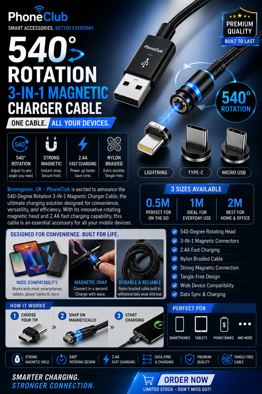 Phone Club 540-Degree Rotation 3-in-1 Magnetic Charger Cable!