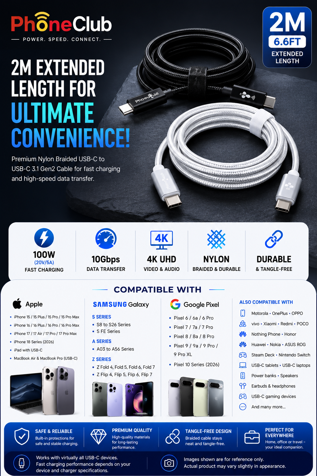 PHONE CLUB 2M (6.6ft) USB-C to USB-C 3.1 Gen2 Cable
