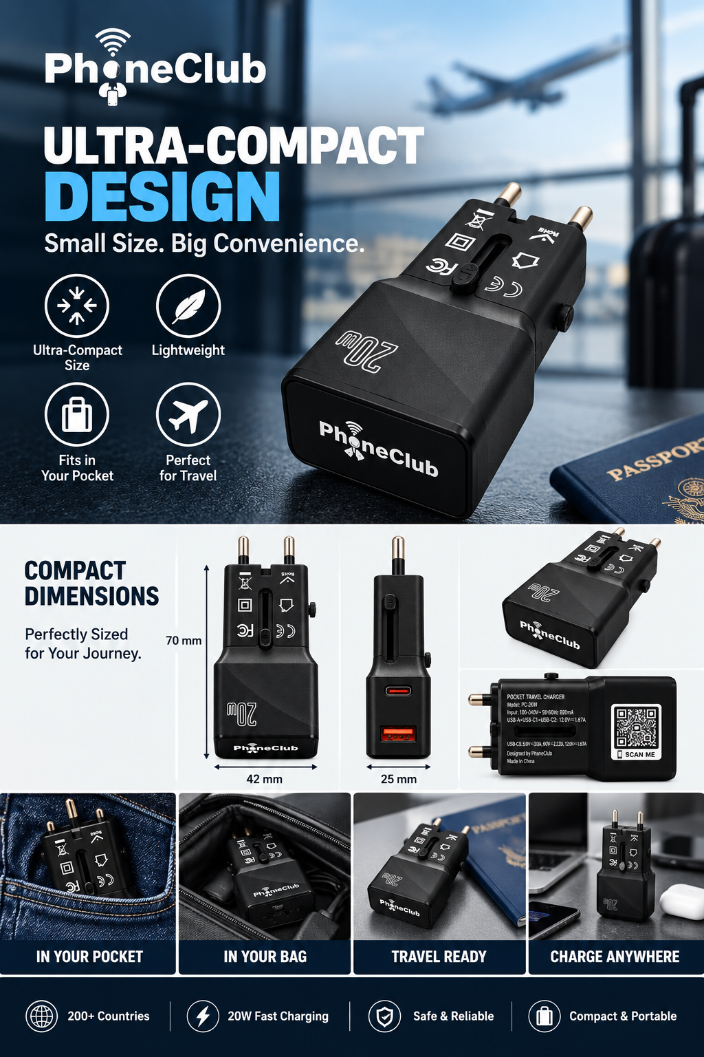 Phone Club 20W Dual Mini World Wide Travel Adapter