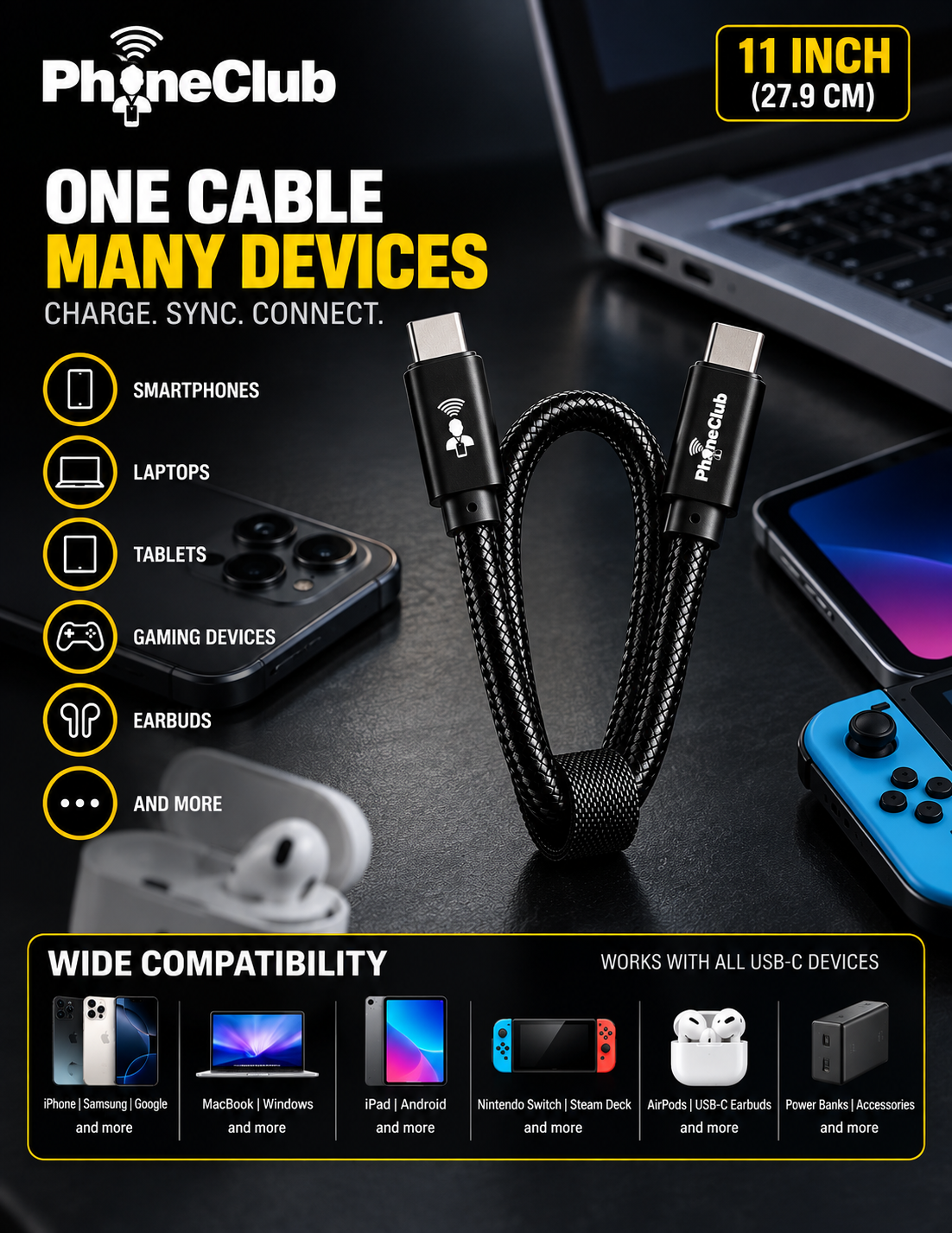 PHONE CLUB 27.94CM (11”) USB-C to USB-C 3.1 Gen2 Cable