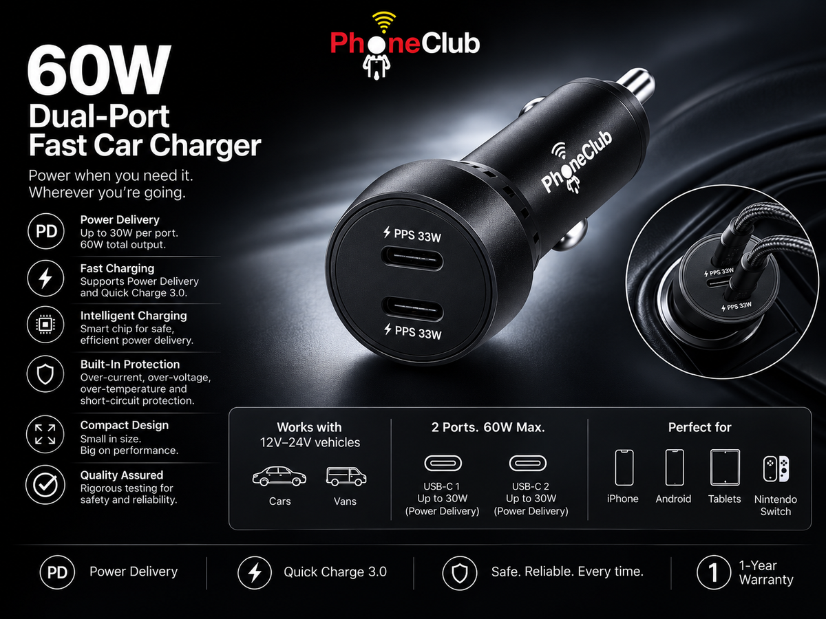 Phone Club PD QC 48W / 60W Type-C Dual Port Mini Car Charger